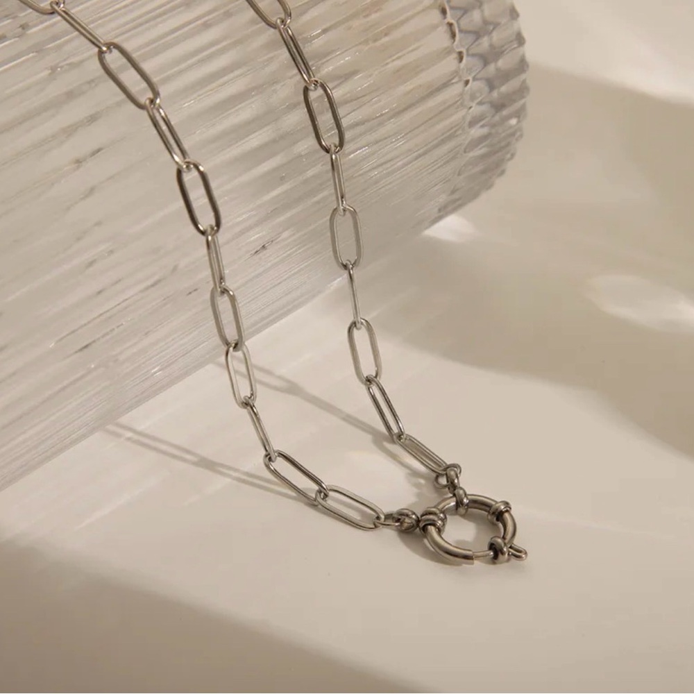 Silver Tone Paperclip Chain Necklace | Stainless Steel | Front Toggle Clasp